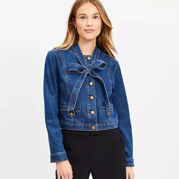 LOFT Jackets Coats Loft Bow Collarless Denim Jacket Poshmark - Main Image